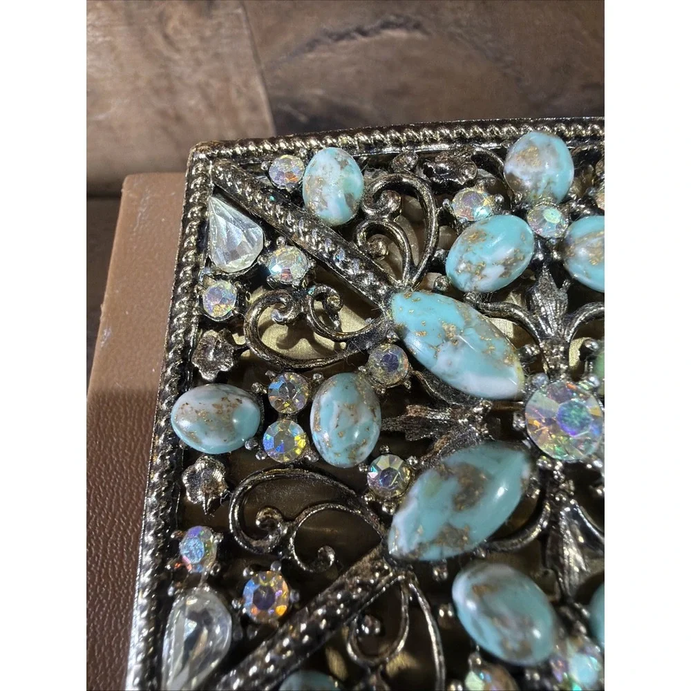 Jeweled Powder Compact Case Gold Brass Faux Turquoise 1950s SF Co 5th Ave Vtg